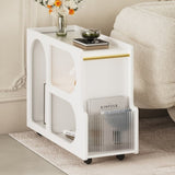 ON-TREND Mobile End Table with Lockable Wheels, Narrow Coffee Table with 5mm Thick Fluted Tempered N721P179241K