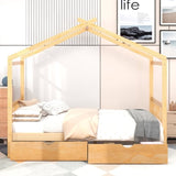 Full Size House Platform Bed with Two Drawers,Headboard and Footboard,Roof Design,Natural WF292923AAD