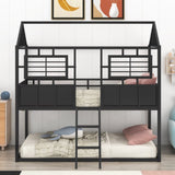 ZNTS Twin over Twin Size Metal Low Bunk Beds with Roof and Fence-shaped Guardrail, Black MF293553AAB