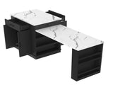 Extendable island console with drawers, double-door cabinet, and open shelving. Serves as dining 68266575