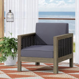 Outdoor Acacia Wood Club Chair with Wicker Accents, Gray Mixed Gray Brown, 30.25