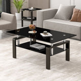 ZNTS Black Tempered Glass Coffee Table, 2 Layer Storage Tea Table W327126618
