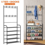 ZNTS Entryway Coat Hat Rack Shoe Storage Shelf 5 Tier Shoe Rack Freestanding Hall Tree Garment Hanger 14015095