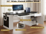55" Modern Fluted Office Desk with Storage Cabinet & Drawers, Computer Writing Desk with Power 60780719