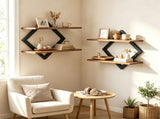Black Rustic Brown 2Tier Floating Wall Set of 2, Diamond Metal Frame Wall Mounted Storage 16827488