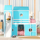 ZNTS Full Size Loft Bed with Slide Blue Tent and Tower - Blue WF298771AAC