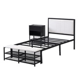 Twin size Metal Platform Bed with Two-Tier Storage Shelves, Wooden Storage Cabinet, Black N737P199330B