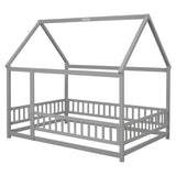 ZNTS Full Size Floor Wooden Bed with House Roof Frame, Fence Guardrails ,Grey W1791P148192