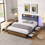 ZNTS Full Size Bed Frame, Storage Headboard with Charging Station and 4 Storage Drawers,LED Lights , W2297P218120