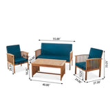 ZNTS Outdoor Acacia Wood Sofa Set with Water Resistant Cushions, 4-Pcs Set, Brown Patina / Teal Blue 59116.00DT