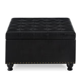 Large square storage ottoman with wooden legs, Upholstered button tufted coffee table with nail W2186142958