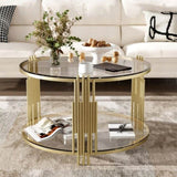 Modern Glass Coffee Table in 31.5", Asymmetrical Metal, Circular Metal Drum Base, Gold Finish & N735P177478K