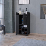 ZNTS Allandale 1-Door Bar Cart with Wine Rack and Casters Black B062111721