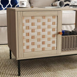 Elegant Veener Weaving Design Coffee Table with 4 Sliding Door, Wooden Center Rectangular Table with W2557P206923