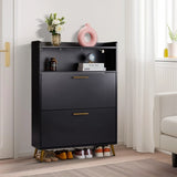 Double Door 6-Layer Shoe Cabinet with High Foot LED Lights Particle Board 80*38*90cm Black 37595118
