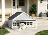 Wooden Dog House with Porch, Outdoor Weatherproof Dog House with Tilt Roof, Front Door and Windows, 63944571
