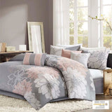 Printed Cotton Sateen Comforter Set Grey/Peach King B03597063