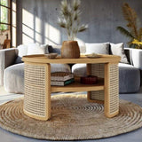 2-Tiered Round Natural Wood Coffee Table with Storage Rattan Base in 31.3'' N735P185131N