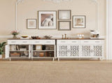Vintage Sideboard Buffet Cabinet with Hand-Carved Geometric Doors, Distressed Light Wood Finish with W688P360028