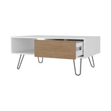 White and Natural Oak Coffee Table with 1-Drawer and Hairpin Legs B062P290226