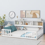 Full Floor Bed with Side Bookcase,Shelves,Guardrails,White W504142775