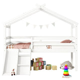 ZNTS Twin Low Loft House Bed with Slide, Ladder, Safety Guardrails, House Roof Frame,White W504P145316