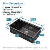 Stainless Steel Kitchen Sink, 33x19 Single Bowl, Undermount Handmade Sink in Brushed, with Cutting T3177P296193