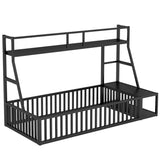 Twin Size Floor Bed Frame with Safety Fence, Metal Floor Bed with Desk and Storage Shelves, W1580P240068