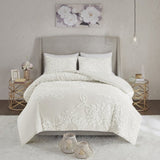 3 Piece Tufted Cotton Chenille Floral Comforter Set Off-White Full/Queen B035128915