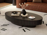 Oval Coffee Table Handcrafted Relief Sturdy Pedestal Wooden Olive-Shaped Tea Table for Living Room W3081P255089