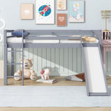 Twin Low Loft Bed with Slide, Ladder, Safety Guardrails, Rubber Wood Twin Loft Bed,Grey W504P218522