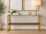 44 Inch Console Table with Storage Shelf, Modern Tempered Glass Entryway Table with Gold Metal Frame W2920P495917
