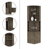 Syrah Corner Bar Cabinet, Eight Bottle Cubbies, Double Door, Two Open Shelves -Dark Brown B20091985