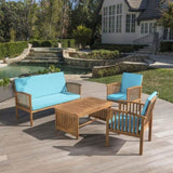 ZNTS Outdoor Acacia Wood Sofa Set with Water Resistant Cushions, 4-Pcs Set, Brown Patina / Teal 59116.00T