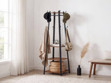 71.5 in. Industrial Coat Rack with 8 Hooks and 3-Tier Storage Shelves, Rustic Brown and Black 53310809