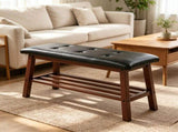 Dining Bench with Storage Shelf, Pine Wood Frame, Button Tufted Black PU Leather Seat, Walnut 01032856