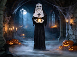 5.3 FT Life Size Halloween Animated Nun Prop with Flickering LED Candle, Freestanding Scary Sister 49120155