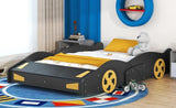 ZNTS Full Size Race Car-Shaped Platform Bed with Wheels and Storage, Black+Yellow WF305760AAB