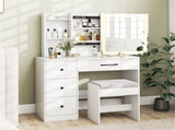 White Vanity Desk and Stool Set with Sliding Mirror & 3-Mode LED Light Strip, Anti-Toppling Dressing 57857902