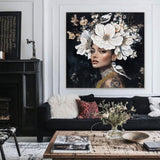 Floral Woman Canvas Wall Art Black and White Bird Tattoo Portrait Modern Aesthetic Artwork for W3374P322231