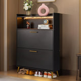 Double Door 6-Layer Shoe Cabinet with High Foot LED Lights Particle Board 80*38*90cm Black 37595118