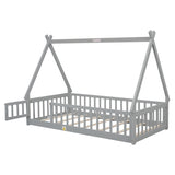 Twin Tent-shaped Floor Bed, with Guardrails, Slats, Door ,Grey W504119500