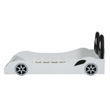 Wood Twin Size Race Car-Shaped Platform Bed with LED and Upholstered Backrest, White 28964519