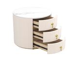 Upholsteredstand with 3 Drawers, Round Bedside Table with Metal Handles,Marbling Stickers Top N733P272609A
