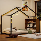 Twin Size Metal Bed House Bed Frame with Shelves and Lights, Black N737P176708B