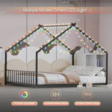 Full size children's bed frame with LED light strips, roof-shaped iron frame bed, Black,78.5" L x W1820P308331