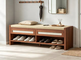 Brown 3-Tier Shoe Storage Bench Cushioned Seat, 2 Rattan Drawers and Bottom Open Shelf 49292060