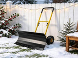 29 Inch Metal Snow Pusher with Wheels Adjustable Handle 5 Angle Blade Snow Shovel for Driveway 12012474