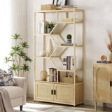 ZNTS Rattan bookshelf 7 tiers Bookcases Storage Rack with cabinet for Living Room Home Office, Natural, 81459635