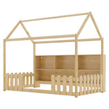 Twin Size House Bed with LED Light, Wood House Bed with Storage Bookshelf, Floor House Bed with W2593P269092